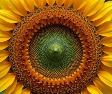 Nahaufnahme einer Sonnenblume mit dichtem Spiralmuster im Blütenzentrum