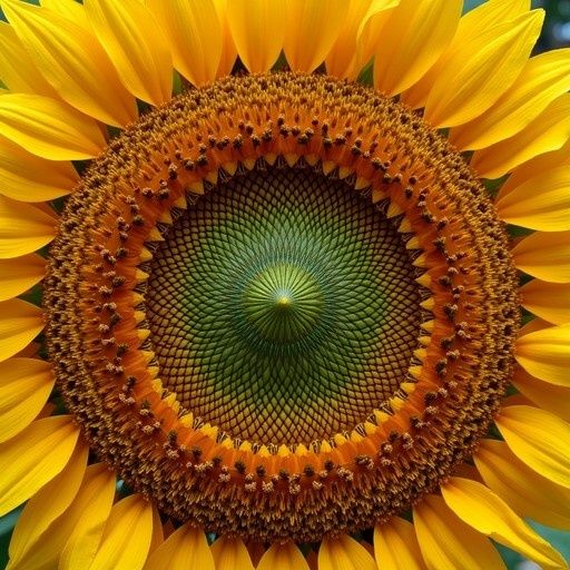 Nahaufnahme einer Sonnenblume mit dichtem Spiralmuster im Blütenzentrum