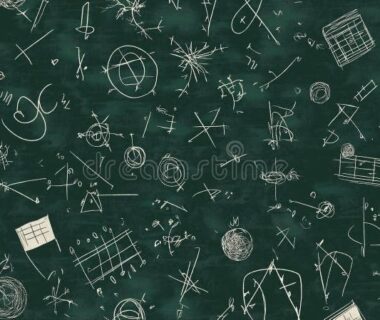 Dunkle Tafel mit zahlreichen weißen mathematischen Formeln und Skizzen