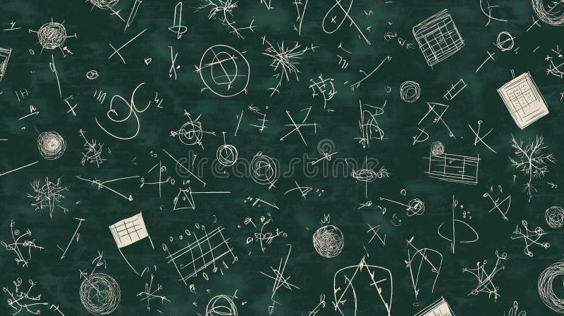 Dunkle Tafel mit zahlreichen weißen mathematischen Formeln und Skizzen