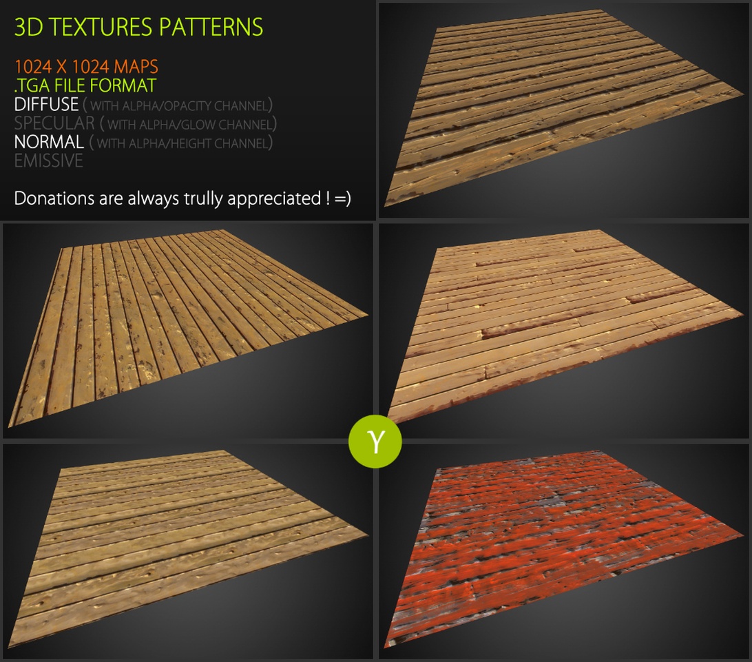 Eine Sammlung von 3D-Textur-Karten, die verschiedene Holzdielenmuster für Grafikdesign zeigen.